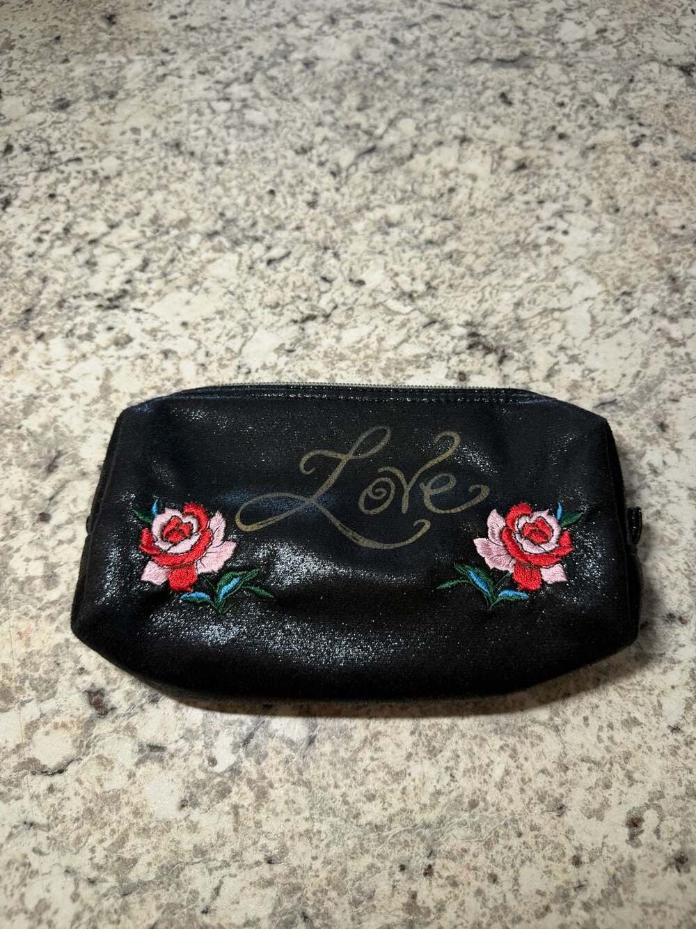 Betsey Johnson Cosmetic Bag Black Glitter Floral Embroidered Love Heart